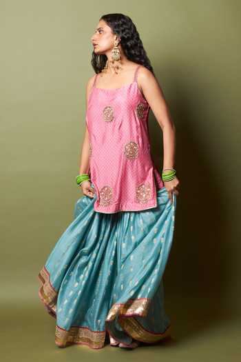 Pants And Pajamas_Pink Silk, Modal, Chanderi Embroidery, Lace Firozi Gulab Kurta And Sharara Set _Online_at_Aza_Fashions