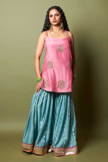 Buy_Pants And Pajamas_Pink Silk, Modal, Chanderi Embroidery, Lace Firozi Gulab Kurta And Sharara Set _at_Aza_Fashions