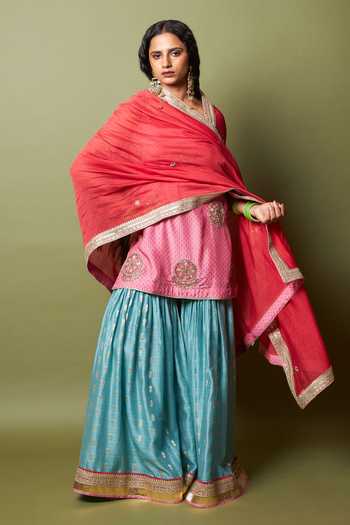 Shop_Pants And Pajamas_Pink Silk, Modal, Chanderi Embroidery, Lace Firozi Gulab Kurta And Sharara Set _Online_at_Aza_Fashions