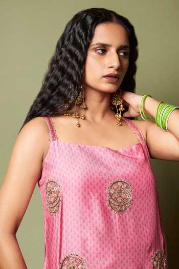 Pants And Pajamas_Pink Silk, Modal, Chanderi Embroidery, Lace Firozi Gulab Kurta And Sharara Set _at_Aza_Fashions