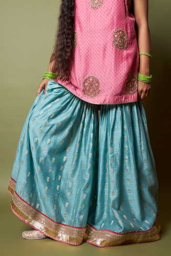 Buy_Pants And Pajamas_Pink Silk, Modal, Chanderi Embroidery, Lace Firozi Gulab Kurta And Sharara Set 