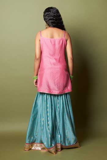 Shop_Pants And Pajamas_Pink Silk, Modal Embroidery, Zari Square Neck Firozi Gulab Kurta _at_Aza_Fashions