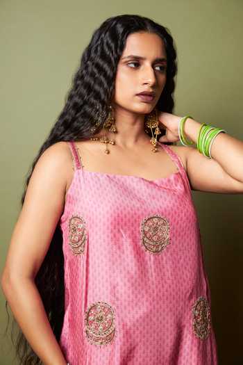 Buy_Pants And Pajamas_Pink Silk, Modal Embroidery, Zari Square Neck Firozi Gulab Kurta _Online_at_Aza_Fashions