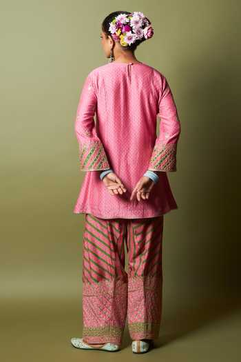 Shop_Pants And Pajamas_Pink Modal, Silk, Chanderi Embroidery, Zari Round Neck Roshanara Kurta Set _at_Aza_Fashions