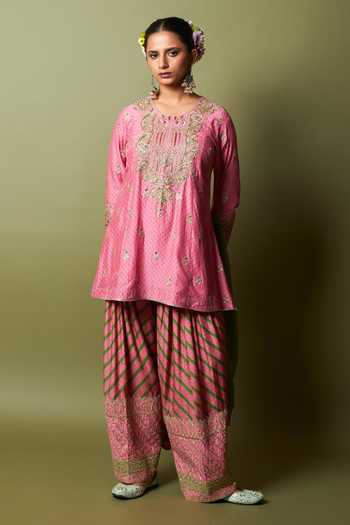 Pants And Pajamas_Pink Modal, Silk, Chanderi Embroidery, Zari Round Neck Roshanara Kurta Set _Online_at_Aza_Fashions