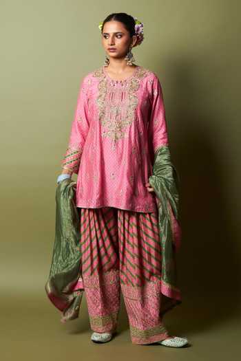 Buy_Pants And Pajamas_Pink Modal, Silk, Chanderi Embroidery, Zari Round Neck Roshanara Kurta Set _at_Aza_Fashions
