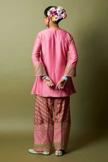 Shop_Pants And Pajamas_Pink Silk, Modal Embroidery, Zari Roshanara Kurta And Salwar Set _at_Aza_Fashions