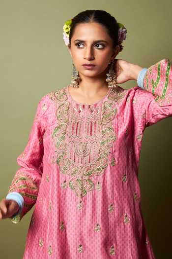 Shop_Pants And Pajamas_Pink Silk, Modal Embroidery, Zari Roshanara Kurta And Salwar Set _Online_at_Aza_Fashions