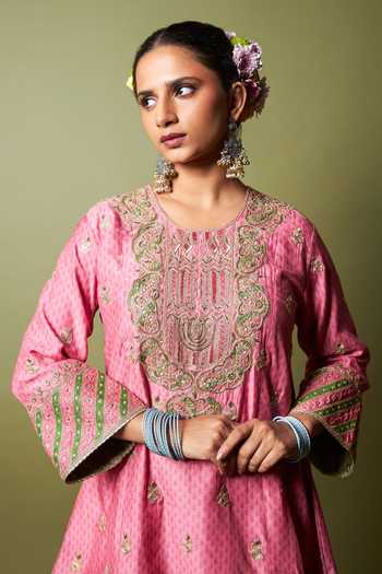 Pants And Pajamas_Pink Silk, Modal Embroidery, Zari Roshanara Kurta And Salwar Set _at_Aza_Fashions