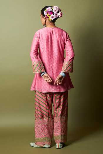 Shop_Pants And Pajamas_Pink Silk, Modal Embroidery, Zari Round Neck Roshanara Kurta _at_Aza_Fashions