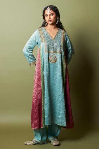 Pants And Pajamas_Multi Color Chanderi, Silk, Cotton Embroidery, Zari, Lace Firoza Kurta Set _Online_at_Aza_Fashions