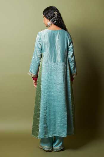 Shop_Pants And Pajamas_Multi Color Chanderi, Silk, Cotton Embroidery, Zari, Lace Firoza Kurta Set _at_Aza_Fashions