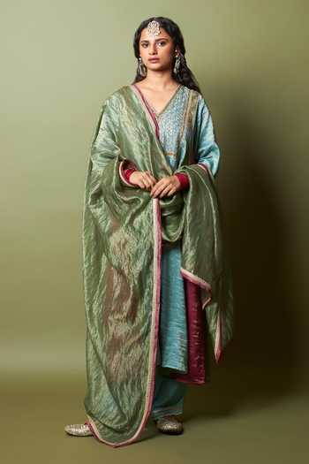 Buy_Pants And Pajamas_Multi Color Chanderi, Silk, Cotton Embroidery, Zari, Lace Firoza Kurta Set _at_Aza_Fashions