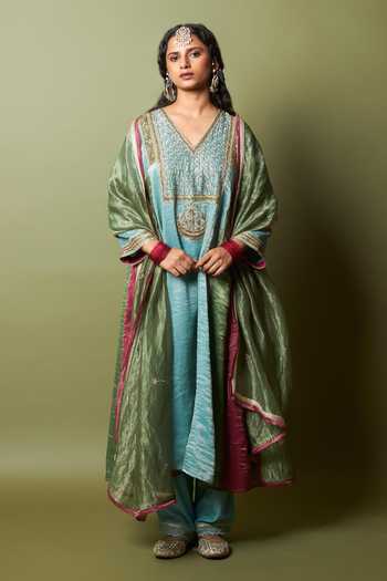 Buy_Pants And Pajamas_Multi Color Chanderi, Silk, Cotton Embroidery, Zari, Lace Firoza Kurta Set _Online_at_Aza_Fashions