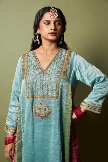 Pants And Pajamas_Multi Color Chanderi, Silk, Cotton Embroidery, Zari, Lace Firoza Kurta Set _at_Aza_Fashions