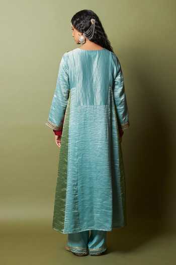 Shop_Pants And Pajamas_Multi Color Chanderi, Silk, Cotton Embroidery, Zari Firoza Kurta And Pant Set _at_Aza_Fashions