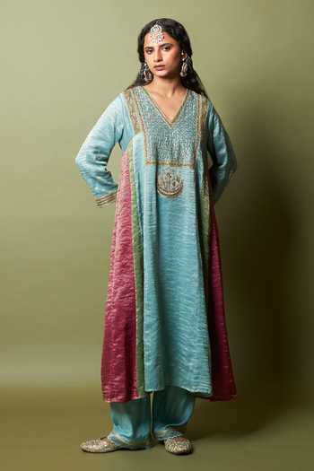 Pants And Pajamas_Multi Color Chanderi, Silk, Cotton Embroidery, Zari Firoza Kurta And Pant Set _Online_at_Aza_Fashions