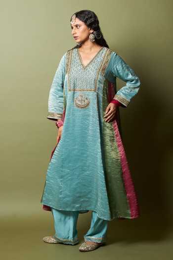 Buy_Pants And Pajamas_Multi Color Chanderi, Silk, Cotton Embroidery, Zari Firoza Kurta And Pant Set _at_Aza_Fashions