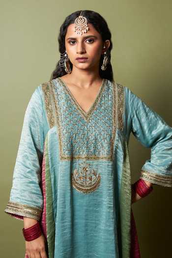 Pants And Pajamas_Multi Color Chanderi, Silk, Cotton Embroidery, Zari Firoza Kurta And Pant Set _at_Aza_Fashions