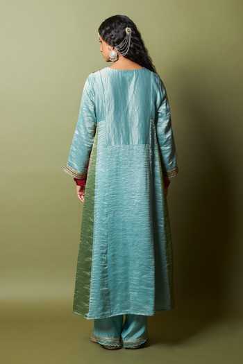 Shop_Pants And Pajamas_Multi Color Chanderi Embroidery, Zari V-neck Firoza Kurta _at_Aza_Fashions