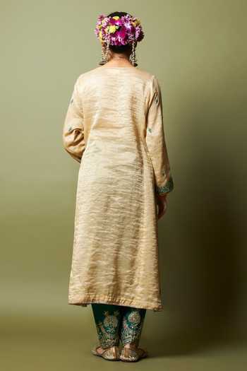 Shop_Pants And Pajamas_Cream Chanderi, Silk, Cotton Embroidery Round Neck Moti Kurta Set _at_Aza_Fashions