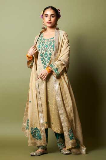 Buy_Pants And Pajamas_Cream Chanderi, Silk, Cotton Embroidery Round Neck Moti Kurta Set _at_Aza_Fashions