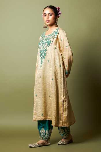 Pants And Pajamas_Cream Chanderi, Silk, Cotton Embroidery Round Neck Moti Kurta Set _Online_at_Aza_Fashions
