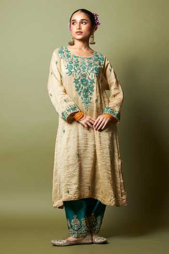 Buy_Pants And Pajamas_Cream Chanderi, Silk, Cotton Embroidery Round Neck Moti Kurta Set _Online_at_Aza_Fashions
