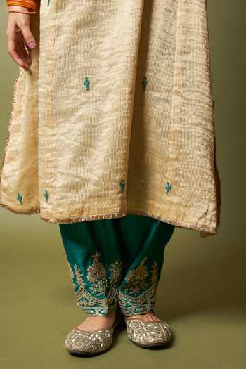 Buy_Pants And Pajamas_Cream Chanderi, Silk, Cotton Embroidery Round Neck Moti Kurta Set 