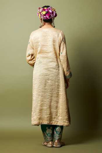 Shop_Pants And Pajamas_Cream Chanderi, Silk, Cotton Embroidery, Zari Round Neck Moti Kurta And Pant Set _at_Aza_Fashions