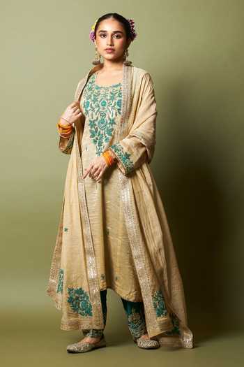 Buy_Pants And Pajamas_Cream Chanderi, Silk, Cotton Embroidery, Zari Round Neck Moti Kurta And Pant Set _Online_at_Aza_Fashions