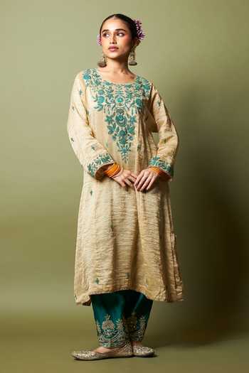 Buy_Pants And Pajamas_Green Silk, Cotton Embroidery Chand Moti Salwar _at_Aza_Fashions