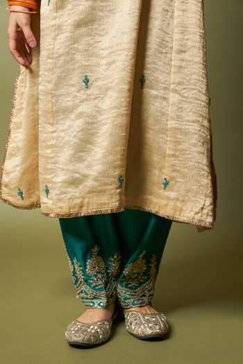 Shop_Pants And Pajamas_Green Silk, Cotton Embroidery Chand Moti Salwar _Online_at_Aza_Fashions