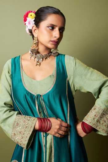 Shop_Pants And Pajamas_Green Chanderi, Silk Embroidery, Zardozi, Zari Noor-e-manik Jacket And Kurta Set _Online_at_Aza_Fashions