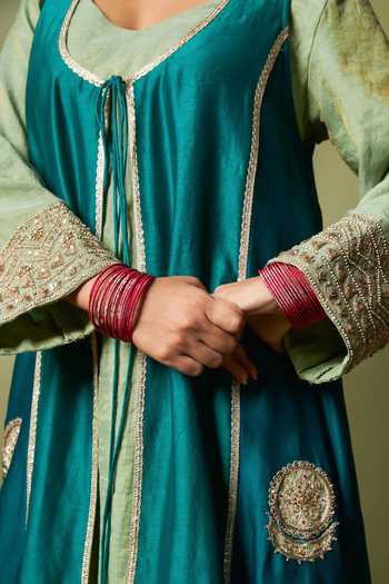 Pants And Pajamas_Green Chanderi, Silk Embroidery, Zardozi, Zari Noor-e-manik Jacket And Kurta Set _at_Aza_Fashions
