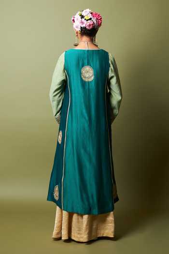 Shop_Pants And Pajamas_Green Chanderi, Silk Embroidery, Zardozi, Zari Noor-e-manik Jacket And Kurta Set _at_Aza_Fashions