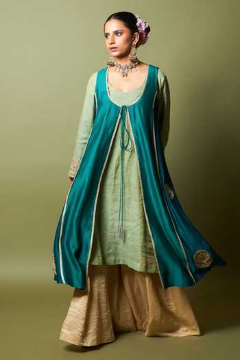 Buy_Pants And Pajamas_Green Chanderi, Silk Embroidery, Zardozi, Zari Noor-e-manik Jacket And Kurta Set _at_Aza_Fashions