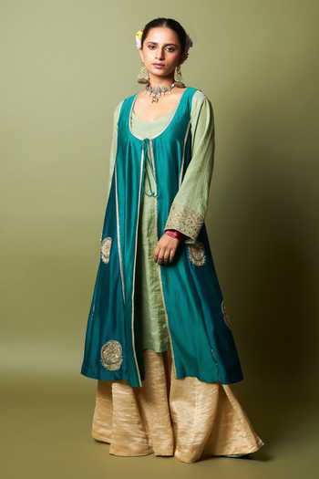 Buy_Pants And Pajamas_Green Chanderi, Silk Embroidery, Zardozi, Zari Noor-e-manik Jacket And Kurta Set 
