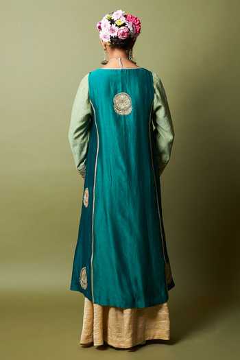 Shop_Pants And Pajamas_Green Silk, Chanderi Embroidery, Zari, Lace Open Neck Noor-e-manik Jacket _at_Aza_Fashions