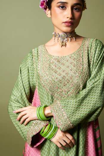 Shop_Pants And Pajamas_Multi Color Silk, Modal, Chanderi Embroidery, Zari, Lace Round Zewara Kurta Set _Online_at_Aza_Fashions