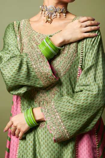 Buy_Pants And Pajamas_Multi Color Silk, Modal, Chanderi Embroidery, Zari, Lace Round Zewara Kurta Set 