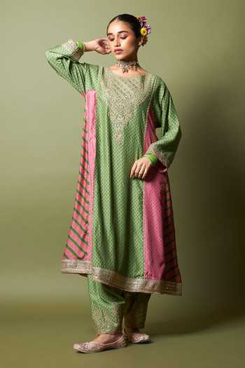 Pants And Pajamas_Multi Color Silk, Modal Embroidery, Zari Round Neck, Zewara Kurta And Pant Set _Online_at_Aza_Fashions