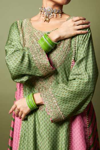 Buy_Pants And Pajamas_Multi Color Silk, Modal Embroidery, Zari Round Neck, Zewara Kurta And Pant Set _Online_at_Aza_Fashions