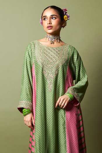 Pants And Pajamas_Multi Color Silk, Modal Embroidery, Zari Round Neck Zewara Kurta _Online_at_Aza_Fashions