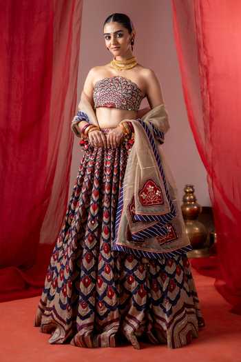 Buy_BAISE GABA_Multi Color Satin, Linen, Organza Bandeau Neck Kalshi Embroidered Lehenga Set _Online_at_Aza_Fashions