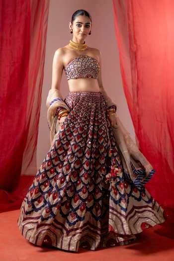 Buy_BAISE GABA_Multi Color Satin, Linen, Organza Bandeau Neck Kalshi Embroidered Lehenga Set 