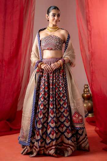 Shop_BAISE GABA_Multi Color Satin, Linen, Organza Bandeau Neck Kalshi Embroidered Lehenga Set 