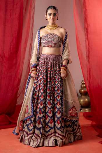 Shop_BAISE GABA_Multi Color Satin, Linen, Organza Bandeau Neck Kalshi Embroidered Lehenga Set _Online