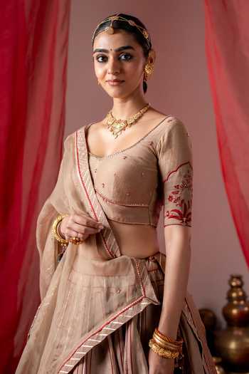 Buy_Baise Gaba_Beige Satin, Linen, Chanderi, Organza Embroidery Utsav Printed Lehenga Set _Online_at_Aza_Fashions