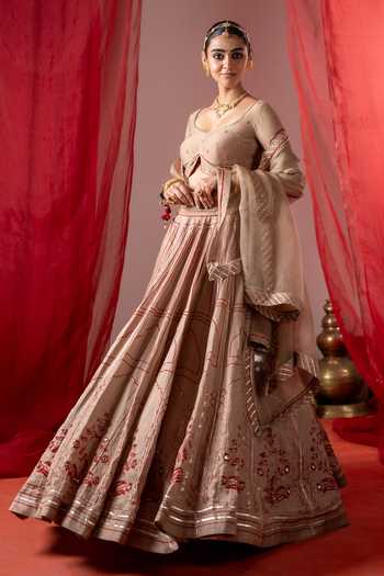 Baise Gaba_Beige Satin, Linen, Chanderi, Organza Embroidery Utsav Printed Lehenga Set _at_Aza_Fashions